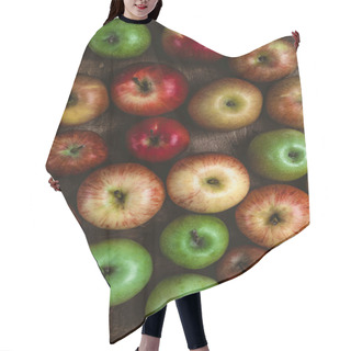 Personality  Top View Of Different Apples On Rustic Wooden Table Hair Cutting Cape