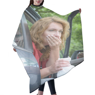Personality  Woman Suffering From Motion Sickness In A Car And Holding Sick Bag Hair Cutting Cape