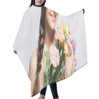 Personality  Cropped View Of Happy Beautiful Woman With Braid In Mesh With Spring Wildflowers Isolated On Grey Hair Cutting Cape