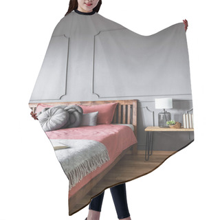 Personality  Book On Blanket On Wooden Pink Bed Against Grey Wall With Molding In Cozy Bedroom Interior Hair Cutting Cape