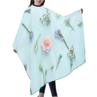 Personality  Top View Flower Composition, Inflorescences Rose, Eustoma, Limonium On Blue Background, Flat Lay Hair Cutting Cape