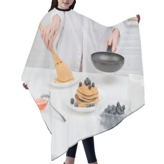 Personality  Cropped View Of Woman In Shirt Putting Pancake On Plate Near Blurred Blueberries In Kitchen  Hair Cutting Cape