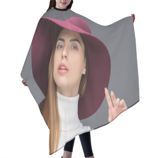Personality  Beautiful Lady Posing In Burgundy Felt Hat, Isolated On Grey Hair Cutting Cape