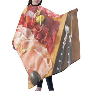 Personality  Variety Of Meats, Sausages, Salami, Ham, Olives Hair Cutting Cape