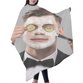Personality  Partial View Of Cosmetologists Applying Cucumber Mask And Man In Formal Wear Isolated On Grey Hair Cutting Cape