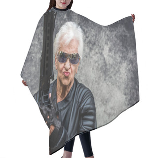 Personality  Funny And Extravagant Senior Woman Posing On Colored Background - Youthful Old Woman In The Sixties Having Fun And Partying Hair Cutting Cape