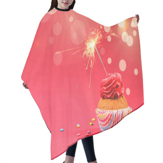 Personality  Cupcake With Cream And Burning Sparkler For A Birthday Or Other Holiday With A Shopping Plan On A Colored Background With Bokeh Lights  Hair Cutting Cape