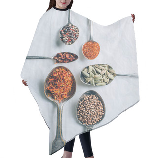 Personality  Top View Of Indian Spices In Spoons On White Table Hair Cutting Cape