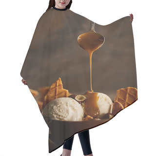 Personality  Cropped View Of Woman Pouring Caramel On Ice Cream With Pieces Of Waffle And Hazelnuts Hair Cutting Cape