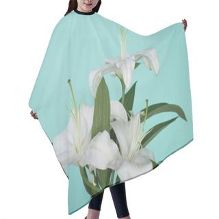 Personality  White Lilies With Green Leaves On Turquoise Background Hair Cutting Cape
