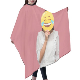Personality  KYIV, UKRAINE - AUGUST 8, 2019: Woman Covering Face With Smiley Isolated On Pink  Hair Cutting Cape