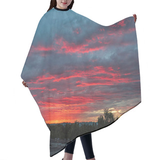 Personality  Dramatic Red Sunset Colors In The Sky Above Trees And Fields Hair Cutting Cape