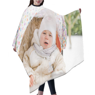 Personality  Sad Crying Little Baby Girl Sitting In The Pram Or Stroller On Winter Day. Unhappy Upset Tired And Exhausted Child In Warm Clothes. Babys First Snow. Winter Walk Outdoors. Hair Cutting Cape