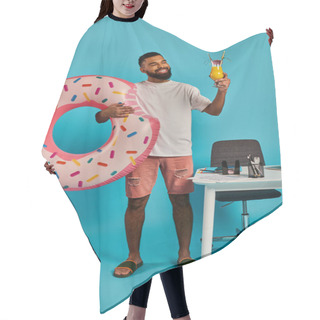 Personality  A Man Is Joyfully Holding A Drink And A Massive Donut In His Hands, Clearly Enjoying His Indulgent Treats. Hair Cutting Cape
