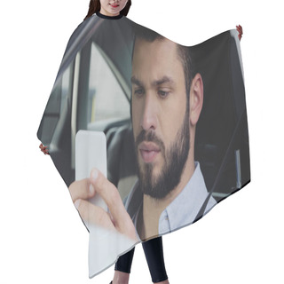 Personality  Thoughtful Man Estimating Route On Smartphone While Sitting In Car Hair Cutting Cape