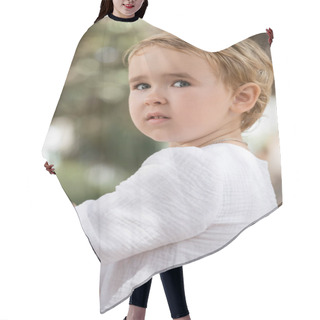 Personality  Portrait Of Toddler Girl In Shite Dress Looking Away Outdoors  Hair Cutting Cape