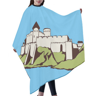 Personality  Eastern Belgorod Country, Odessa Region View. Arabic Stone Rock Wall Palace Ruin On Hill Scene At Sea Bay Sky. Outline Black Hand Drawn Aged Picture In Art Retro Engraved Style On White Paper For Text Hair Cutting Cape