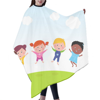 Personality  Happy Group Of Multicultural Kids Jumping On Summer Meadow Hair Cutting Cape