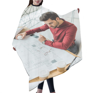 Personality  Handsome Male Architect Sitting And Working On Blueprint In Office Hair Cutting Cape