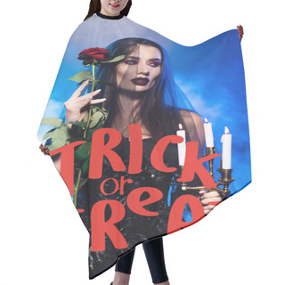 Personality  Young Woman In Black Dress And Veil Holding Rose And Burning Candles Near Trick Or Treat Lettering On Blue With Smoke Hair Cutting Cape