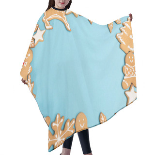Personality  Top View Of Winter Gingerbread Cookies On Blue Background Hair Cutting Cape
