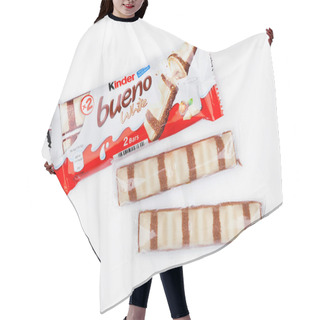 Personality  LONDON, UK - November 17, 2017: Kinder Chocolate Bueno On White.Kinder Bars Are Produced By Ferrero Founded In 1946. Hair Cutting Cape