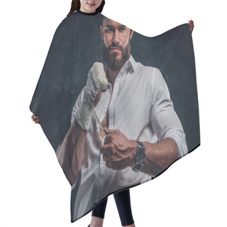 Personality  Portrait Of Cheeky Bearded Man With Boxing Gloves Hair Cutting Cape
