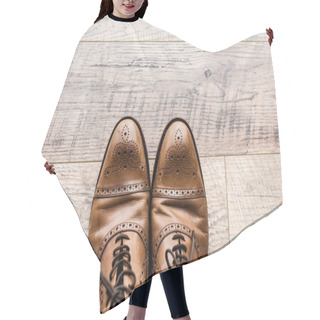 Personality  Top View Of Pair Of Leather Brown Shoes On Wooden Floor Hair Cutting Cape