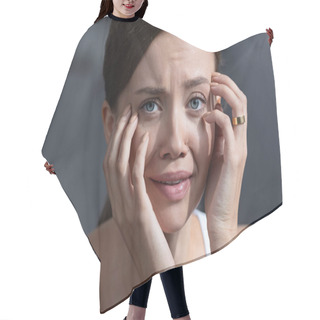 Personality  Stressed Young Woman With Ring Crying And Looking At Camera Hair Cutting Cape