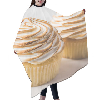 Personality  Close Up View Of Sweet Cupcakes With Meringue Isolated On White Hair Cutting Cape