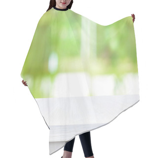 Personality  White Wood Table Top On Blur Green Abstract Background  Hair Cutting Cape