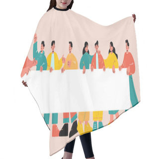 Personality  Group Of People Holding Blank Banner Together Hair Cutting Cape