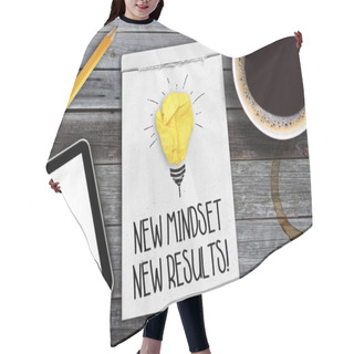 Personality  Sketchbook On A Workplace With A Cup Of Coffee And Tablet With Paper Crumpled Light Bulb With New Mindset - New Results Hair Cutting Cape