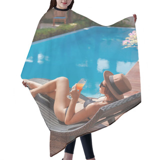 Personality  Young Woman In Bikini Lying In Sun Lounge At Poolside Hair Cutting Cape