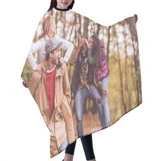 Personality  Happy Friends Having Fun In Forest Hair Cutting Cape