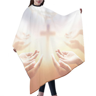 Personality  Good Friday Concept: People Hands Praying And Praising To Blurred Cross And Crown Of Thorn Background.  Hair Cutting Cape