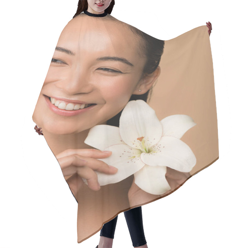Personality  Smiling Beautiful Naked Asian Girl Holding White Lily Isolated On Beige Hair Cutting Cape