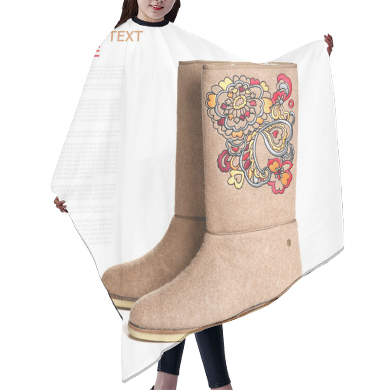 Personality  Winter Shoes, Felt Boots, White Background (with Sample Text) Hair Cutting Cape
