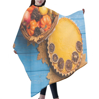 Personality  Top View Of Autumnal Harvest In Wicker Basket Near Pumpkin Pie On Blue Wooden Background Hair Cutting Cape