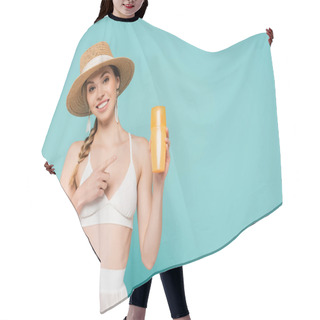 Personality  Positive Woman In Sun Hat Pointing At Sunscreen Isolated On Blue  Hair Cutting Cape