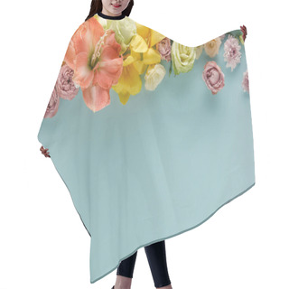 Personality  Top View Of Spring Flowers On Blue Background Hair Cutting Cape