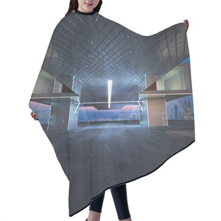 Personality  Perspective View Of Empty Cement Floor With Modern Steel And Glass Building Exterior . 3D Rendering And Real Images Mixed Media . Hair Cutting Cape
