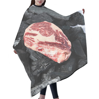 Personality  Raw Steak On Black Coals On White Background Hair Cutting Cape