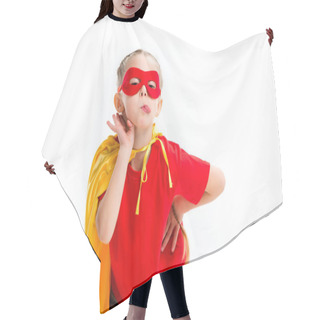 Personality  Supergirl Wearing Yellow Cape And Red Mask For Eyes Showing Tongue Isolated On White Hair Cutting Cape