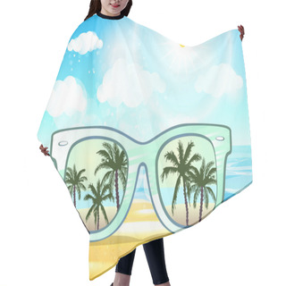 Personality  White Sunglasses Reflection Sunset At Palm Tree Landscape Scene In Light Blue Studio, Summer Time Concept, Leave Space For Adding Your Content Or Text Vector Hair Cutting Cape