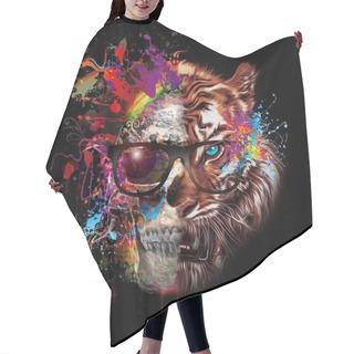 Personality  Skull And Tiger In Glasses On Colored Background Hair Cutting Cape