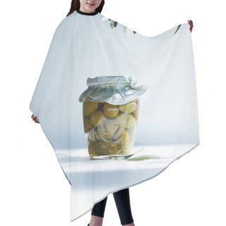Personality  Jar Of Aromatic Oil With Green Olives And Branch On White Background Hair Cutting Cape