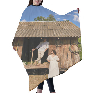 Personality  Rustic Wedding Concept, Interracial Newlyweds Posing Near Wooden Barn, Couple In Wedding Gown Hair Cutting Cape
