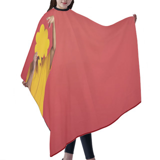 Personality  Man In Yellow T-shirt Hiding Behind Blank Speech Bubble And Gesturing On Red Background, Banner Hair Cutting Cape
