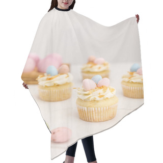 Personality  Selective Focus Of Delicious Easter Cupcakes With Painted Quail Eggs On Grey Background Hair Cutting Cape